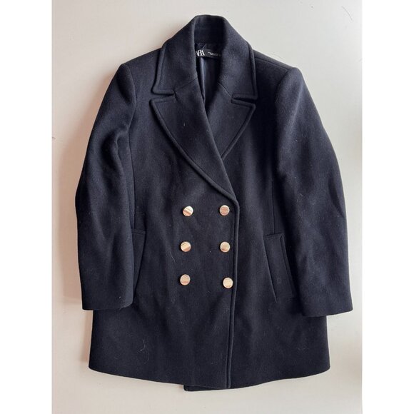 ZARA Navy Blue Wool Blend Double Breasted Short Peacoat Coat, Size M - Picture 5 of 12